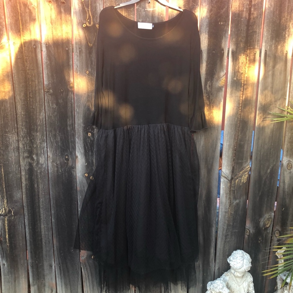 Black Stretch Tule Dress with Ruffle Sleeves NWOT